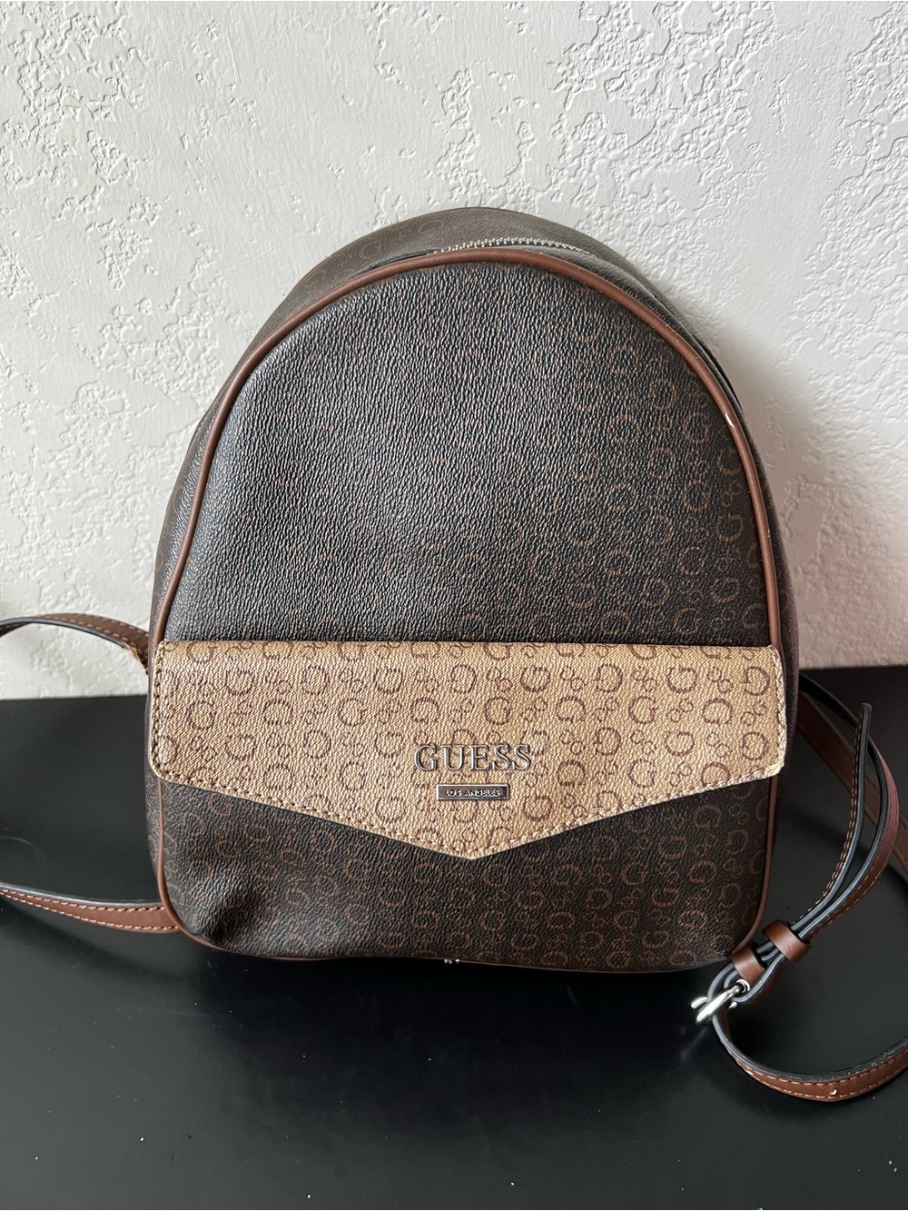 GUESS Two-Tone Logo Mini Backpack in Dark Brown and Tan